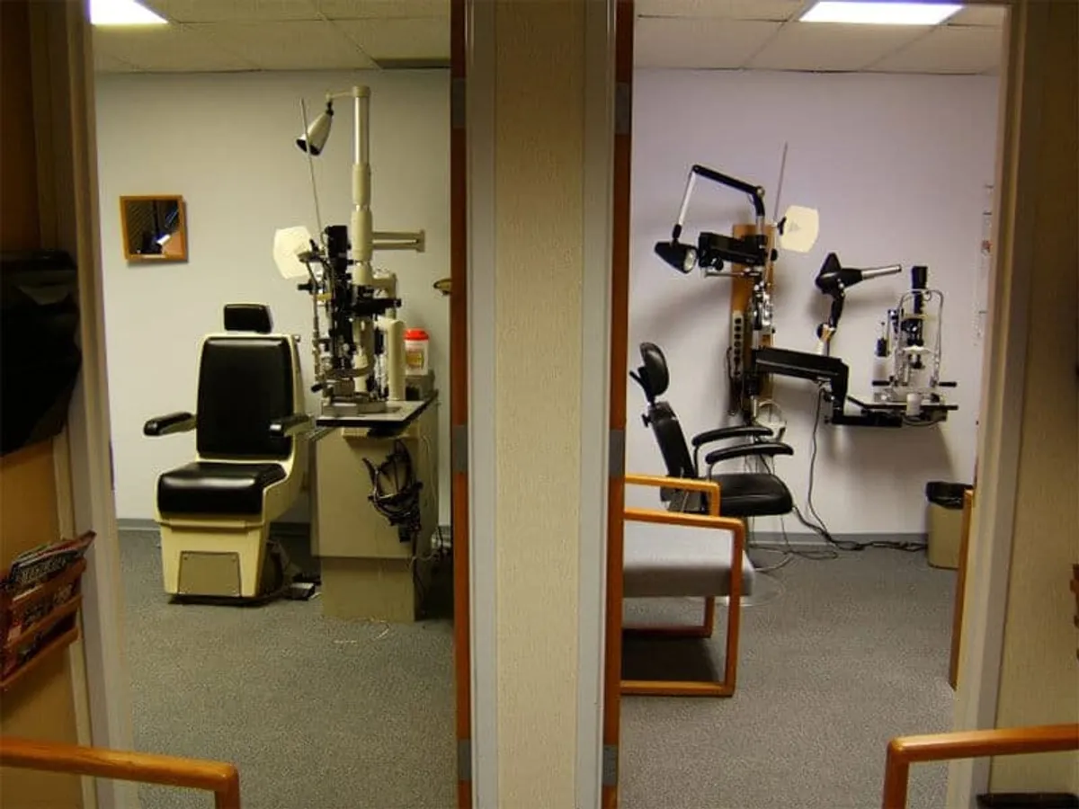 Two exam rooms: unfiltered fluorescent on left, NaturaLux filter on right