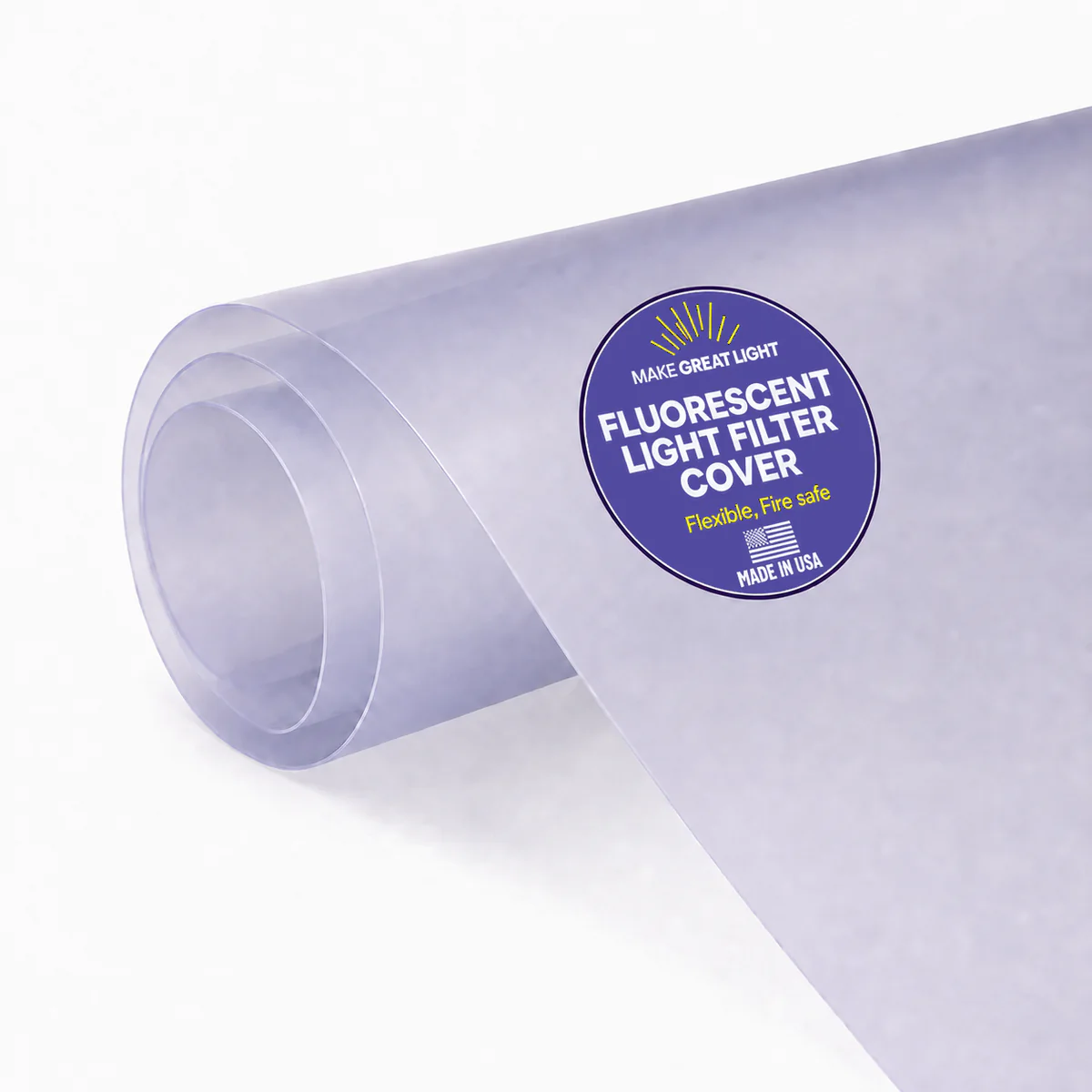 Rolled NaturaLux fluorescent flat overlay light filter cover with deep indigo label, white product name, and yellow accents